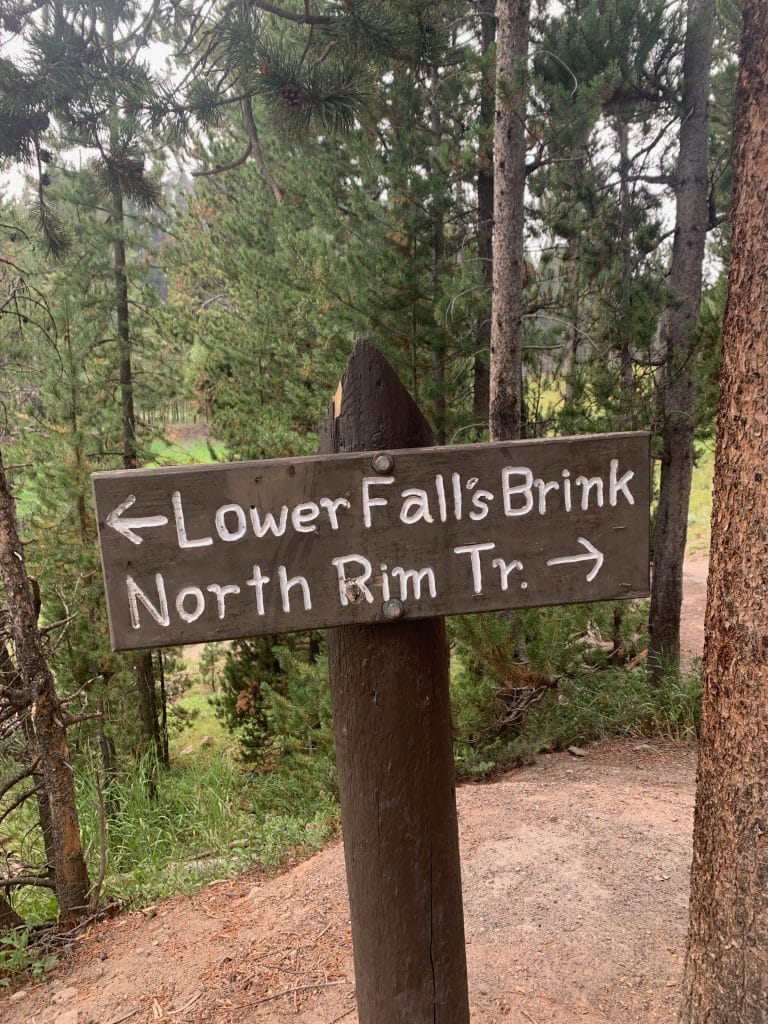 Sign of the Lower Falls Brink and North Rim Trail within the Yellowstone National Park