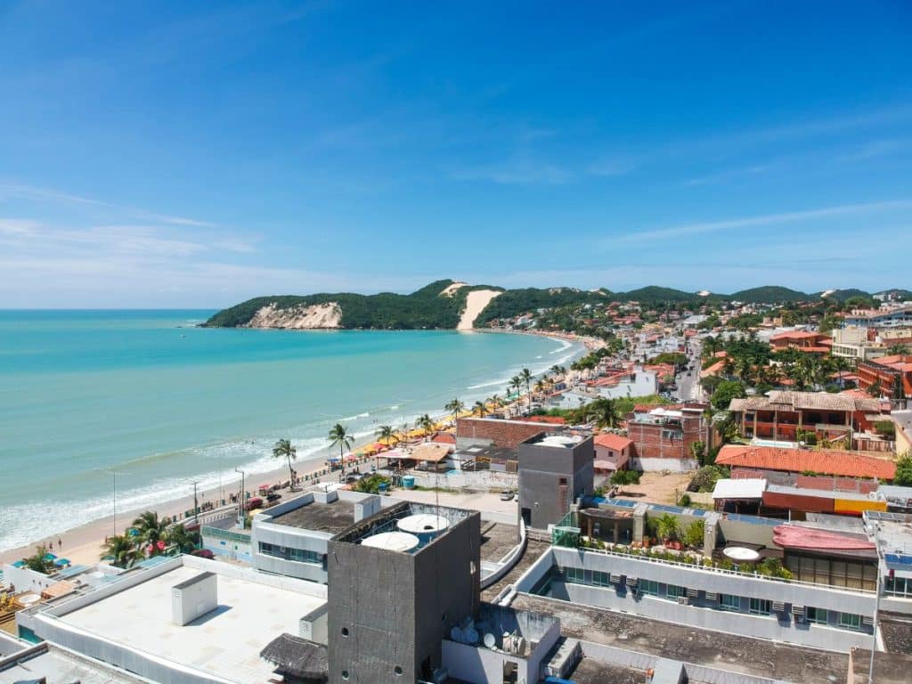 Ariel view of Ponta Negra Beach, including city view and sand dunes in Natal, Rio Grand do Norte located in Northeast Brazil 