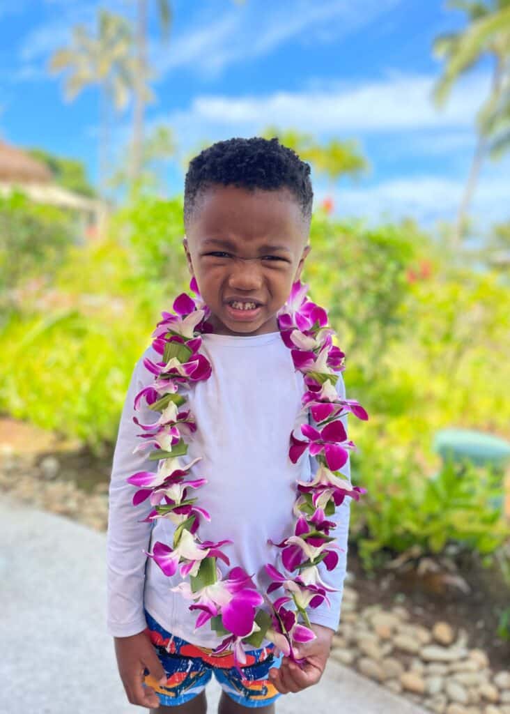 My son wearing a cute Hawaiian Lei that he made at the Western on the North Shore