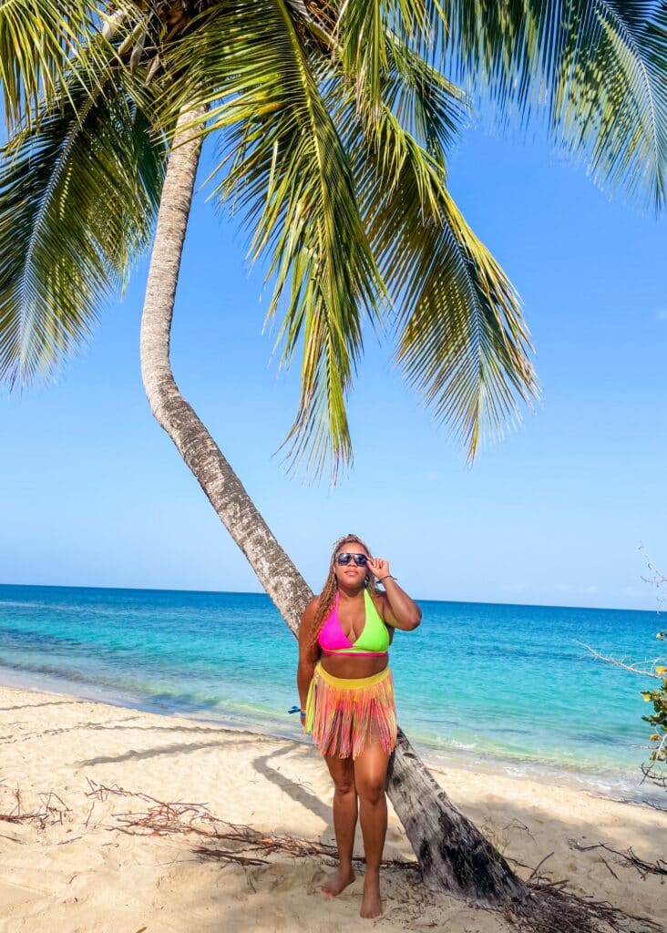 Me in a pink and green bikini and a grass skirt posing under a palm tree.