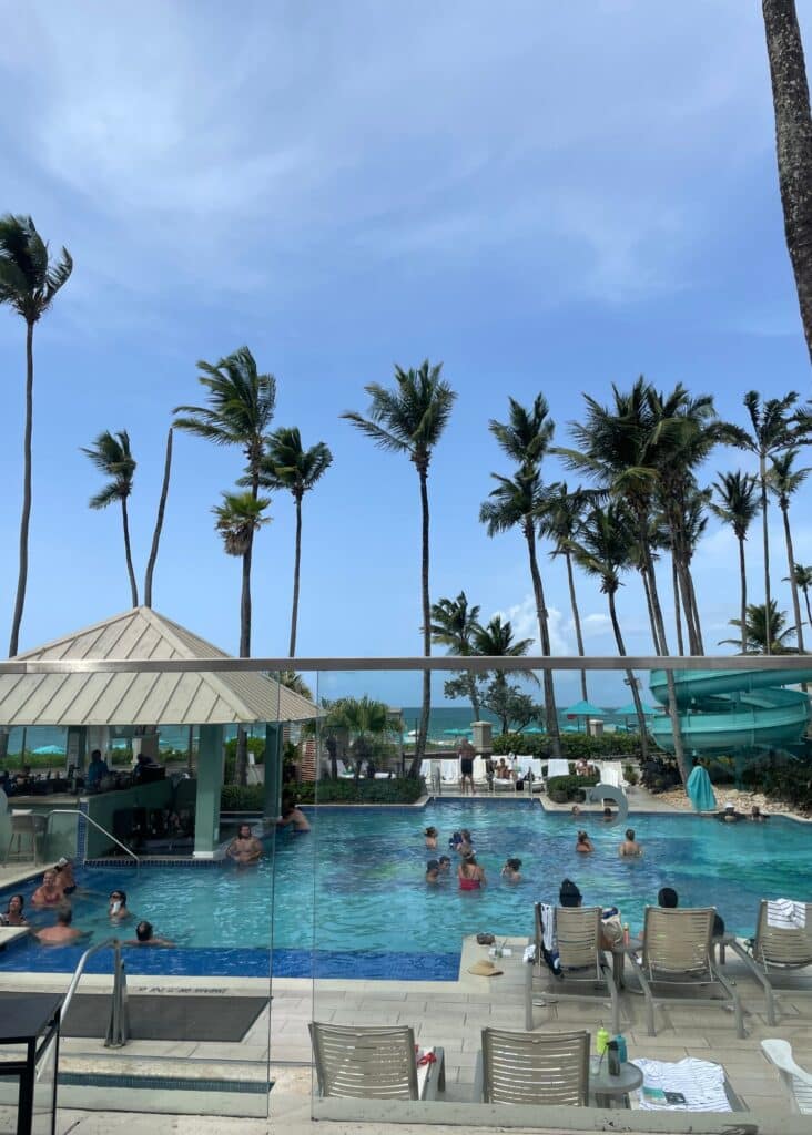 The swim up pool bar and waterslide at the Marriott in San Juan.