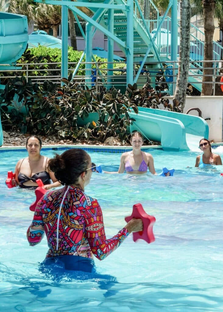 A water aerobics class in the San Juan Marriott pool.