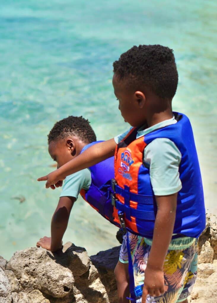 The twins in their life jackets spotting interesting marine life.