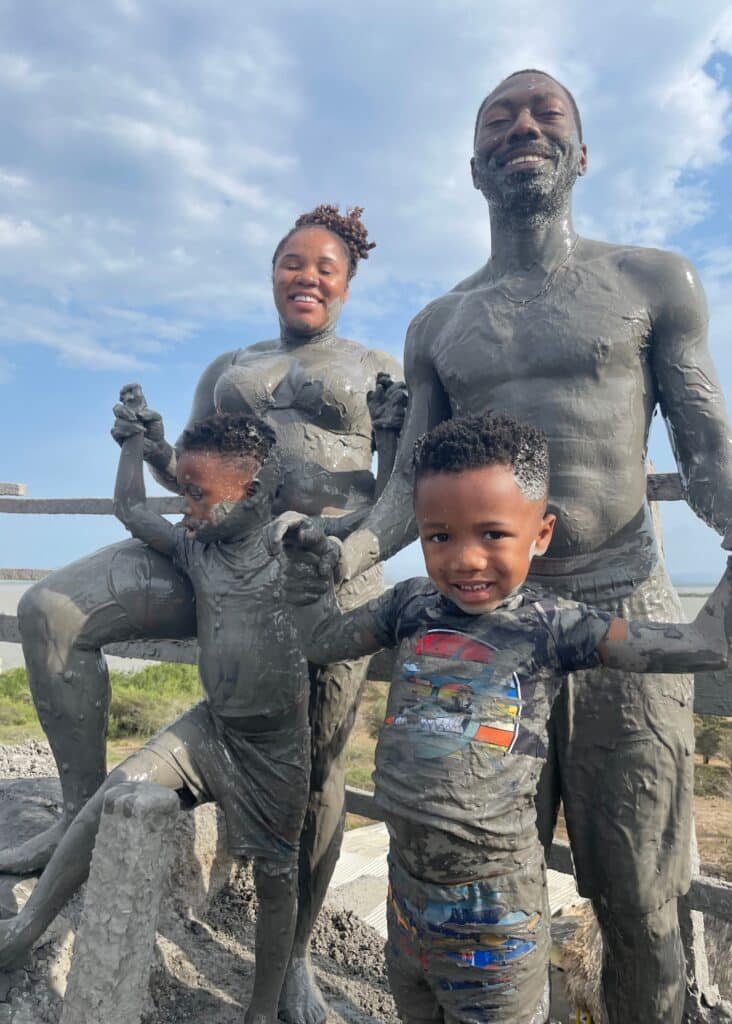 My family covered in mud and very happy after our experience in Cartagena's mud volcano. 