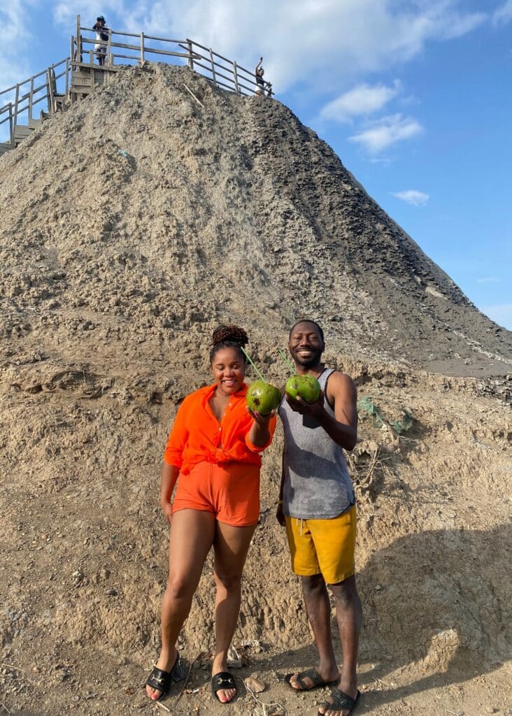 My husband and I sipping our coconut water in front of Volcán del Totumo outside of Cartagena.