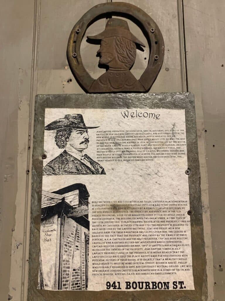 Sign on Lafitte's Blacksmith Shop Bar in New Orleans explaining the history